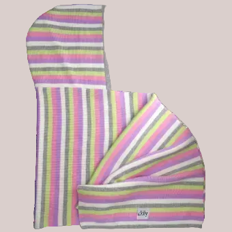 Striped fabric with pink, green, and gray colors on a beige background
