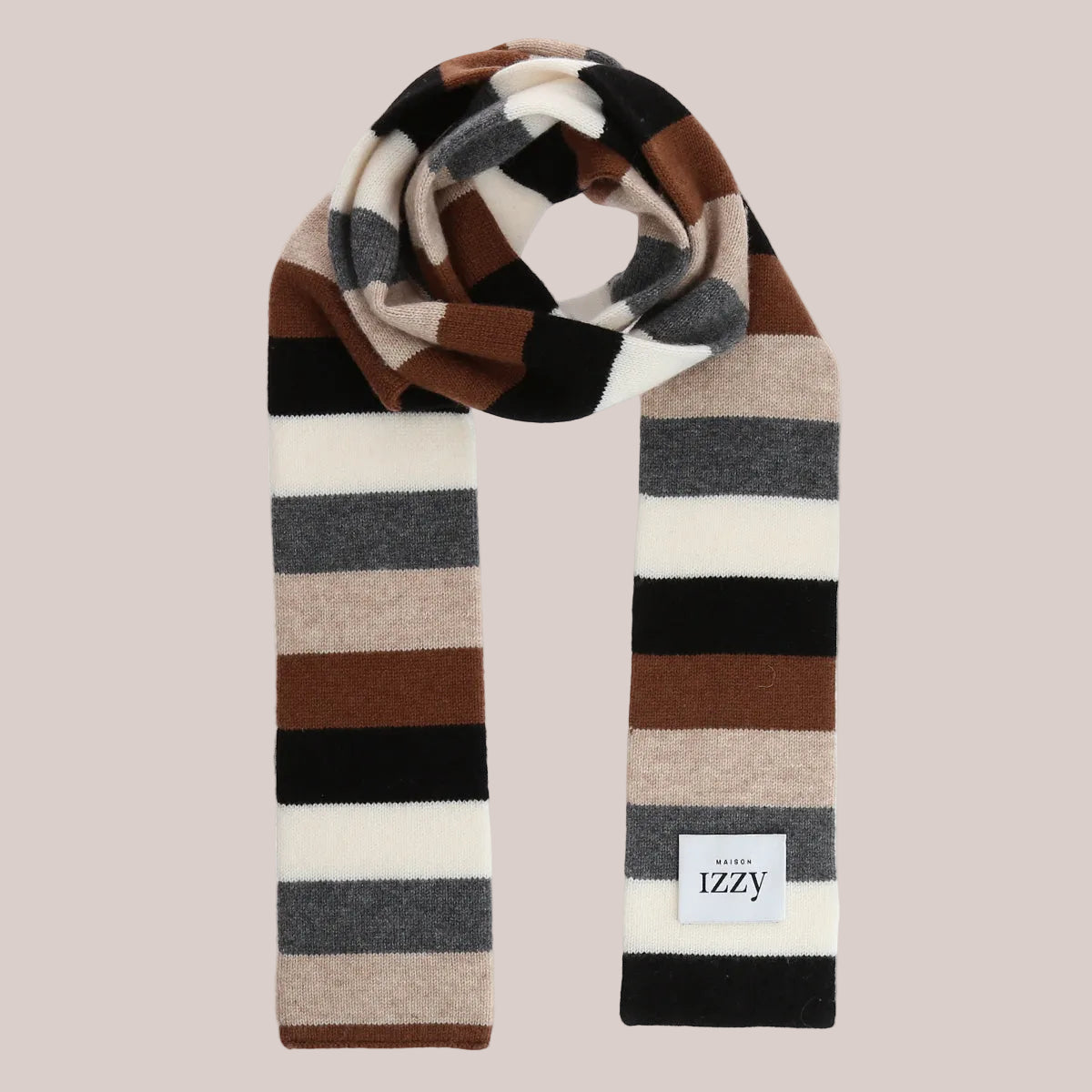 Striped scarf with brown, beige, and black colors on a white background