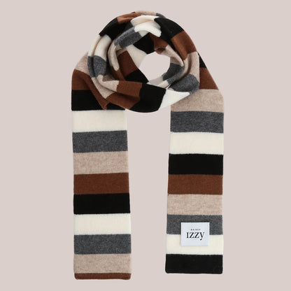 Striped scarf with brown, beige, and black colors on a white background